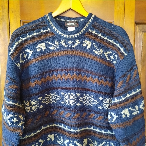 Tramonti Made in Italy wool blend Nordic fair isle chunky knit crewneck sweater - Picture 2 of 10